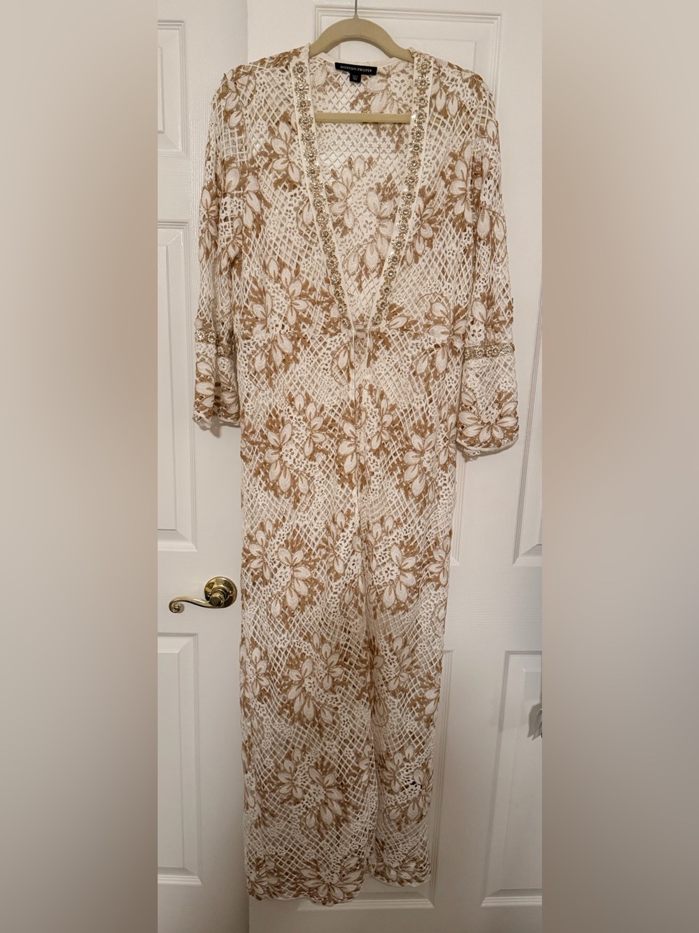 Boston Proper Cream and Gold Embroidered Lace long jacket